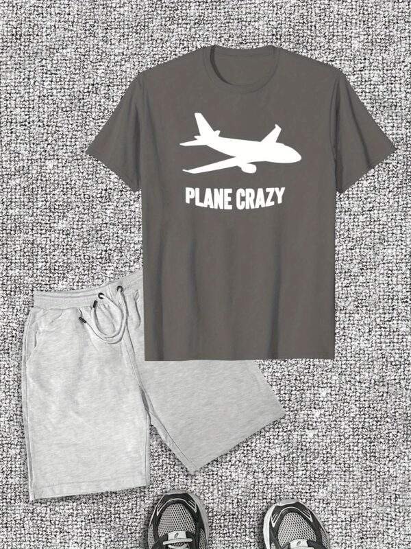 Men’s “PLANE CRAZY” Graphic T-Shirt & Shorts Set – Red Cotton Crew Neck Tee with Airplane Print, Short-Length Shorts, Machine Washable, Casual Summer Wear - Image 3