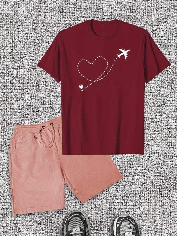 Men’s Casual Plane & Heart Graphic Tee & Shorts Set – Cotton, Round Neck, Lightweight, Breathable, Relaxed Fit, Perfect for Summer Casual Wear - Image 6