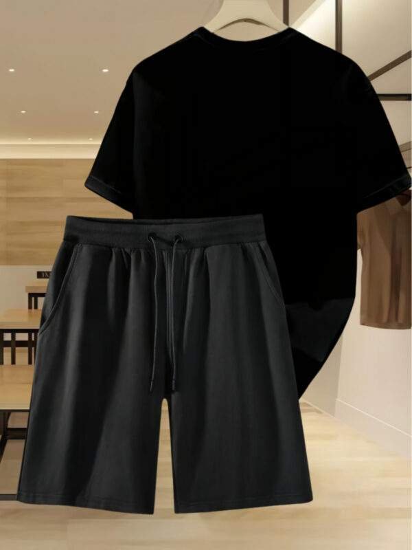2pcs Casual Sportswear Set – Black Drawstring Shorts & Loose Crew Neck T-Shirt, Short Sleeve, Unisex, Comfortable, High-Quality, Perfect for Summer Beachwear - Image 2