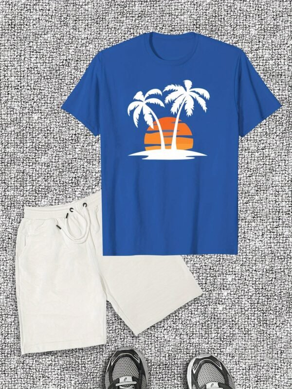 Men’s Casual Summer T-Shirt & Shorts Set – Cotton Crew Neck with Tropical Palm Tree Print, Regular Fit, Slight Stretch Fabric, Perfect for Beach or Vacation Wear - Image 5