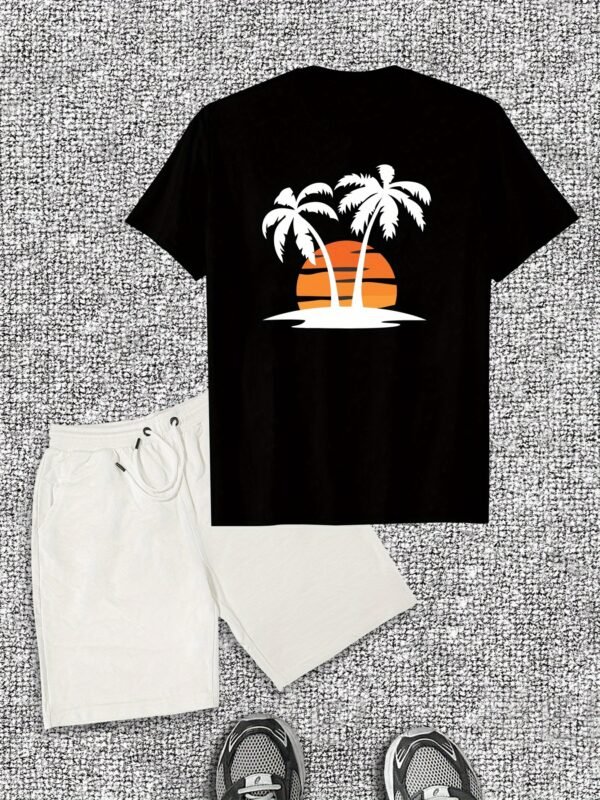 Men’s Casual Summer T-Shirt & Shorts Set – Cotton Crew Neck with Tropical Palm Tree Print, Regular Fit, Slight Stretch Fabric, Perfect for Beach or Vacation Wear - Image 2