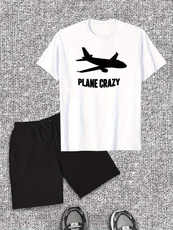 Men’s “PLANE CRAZY” Graphic T-Shirt & Shorts Set – Red Cotton Crew Neck Tee with Airplane Print, Short-Length Shorts, Machine Washable, Casual Summer Wear - Image 4