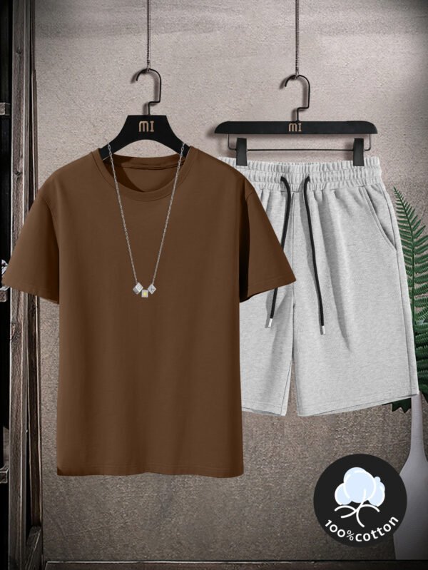 Men’s Casual Summer Cotton Tee & Shorts Set – Light Gray “MI” Logo Tee with Black Shorts, Comfortable & Perfect for Weekend Wear. - Image 3