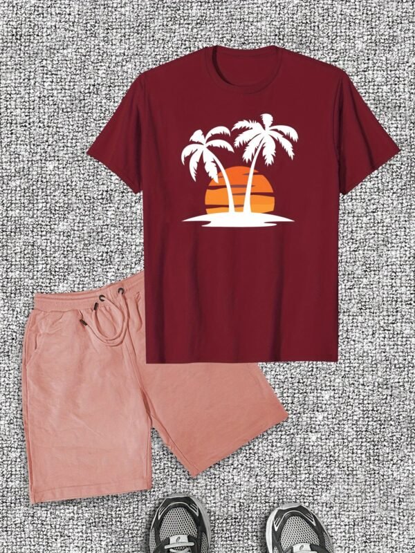 Men’s Casual Summer T-Shirt & Shorts Set – Cotton Crew Neck with Tropical Palm Tree Print, Regular Fit, Slight Stretch Fabric, Perfect for Beach or Vacation Wear - Image 4