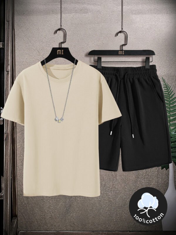 Men’s Casual Summer Cotton Tee & Shorts Set – Light Gray “MI” Logo Tee with Black Shorts, Comfortable & Perfect for Weekend Wear. - Image 2