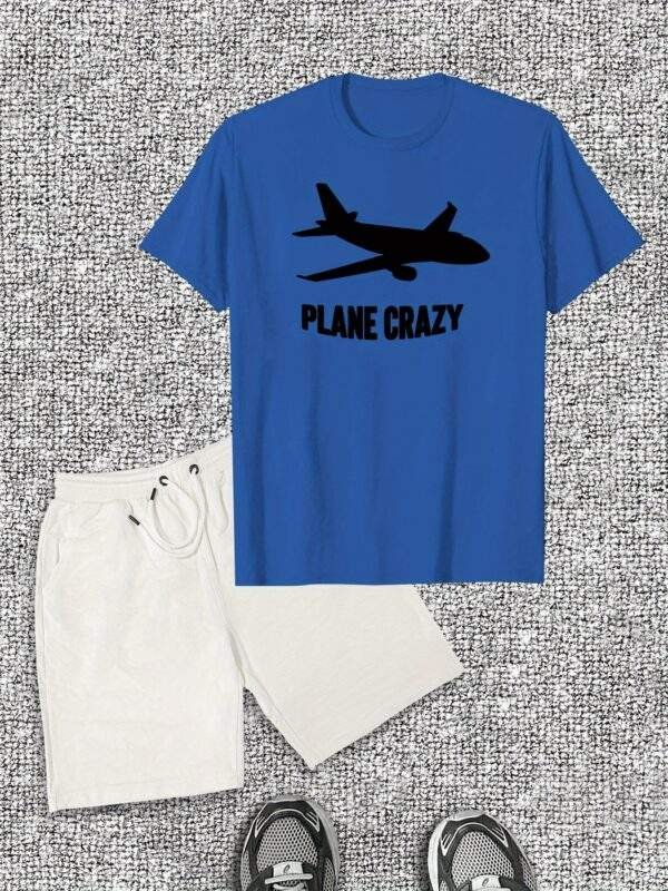 Men’s “PLANE CRAZY” Graphic T-Shirt & Shorts Set – Red Cotton Crew Neck Tee with Airplane Print, Short-Length Shorts, Machine Washable, Casual Summer Wear - Image 6