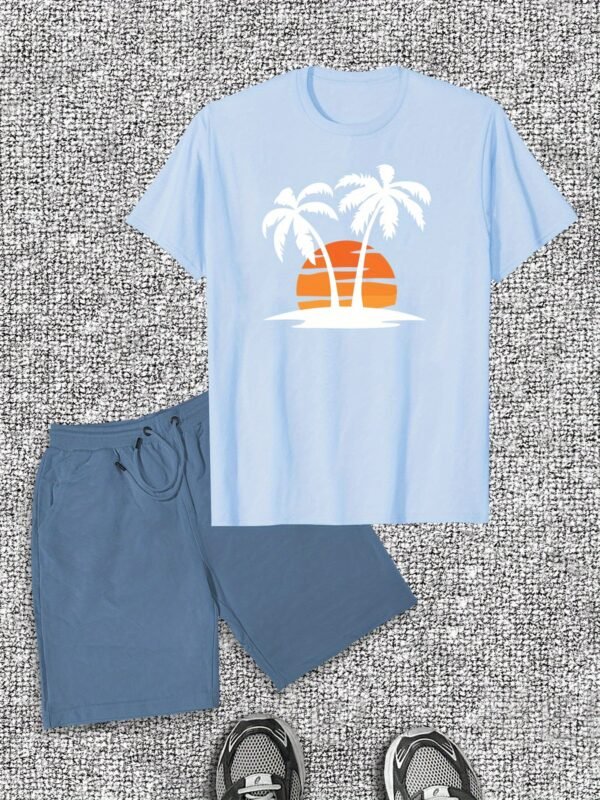Men’s Casual Summer T-Shirt & Shorts Set – Cotton Crew Neck with Tropical Palm Tree Print, Regular Fit, Slight Stretch Fabric, Perfect for Beach or Vacation Wear - Image 3